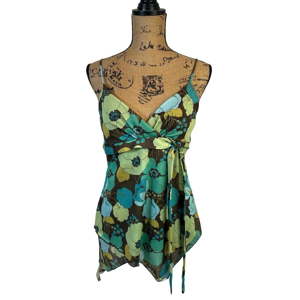 Vintage Y2K Floral Handkerchief Hem Cami Mesh Tank XL Made USA Indie Sleaze